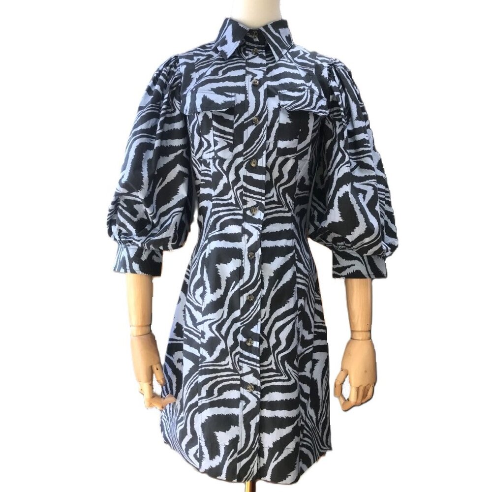 GANNI "LikeNew" Zebra Print Balloon Puff Sleeve Shirt Dress Danish 36 (US 4S)